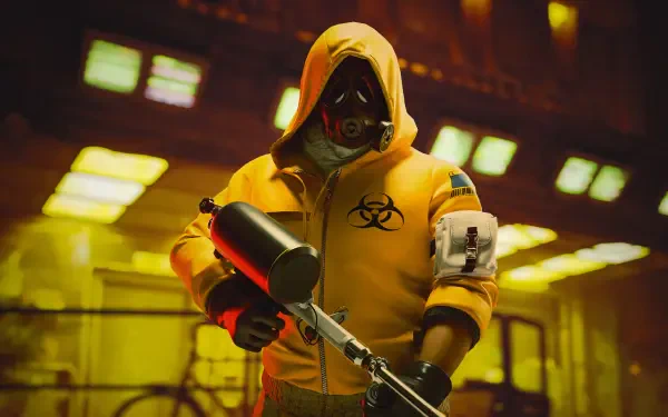 A character in a yellow hoodie stands ready, wielding a weapon in a radioactive setting, capturing the intense vibe of the video game The Finals. 4K Ultra HD quality.