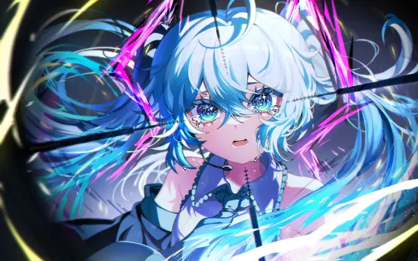 A vibrant HD anime wallpaper featuring Hatsune Miku, characterized by her iconic blue hair and captivating gaze, set against a dynamic and colorful background.