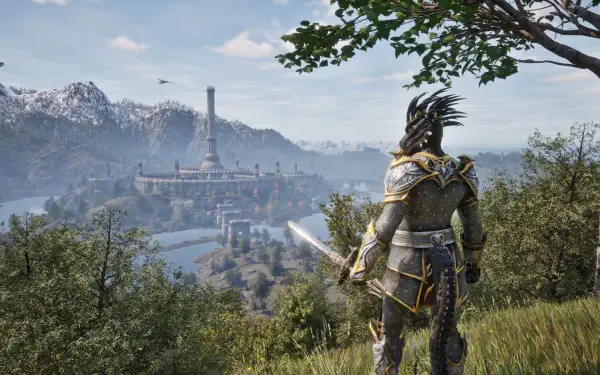 A Dragonborn stands on a hill, sword drawn, overlooking a vast landscape in The Elder Scrolls IV: Oblivion. The scene captures the intricate details of a 4K Ultra HD environment.