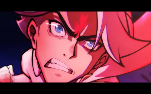 An intense character from the anime To Be Hero X with striking blue eyes and vibrant pink hair, captured in an action-packed moment, making for a dynamic HD desktop wallpaper.