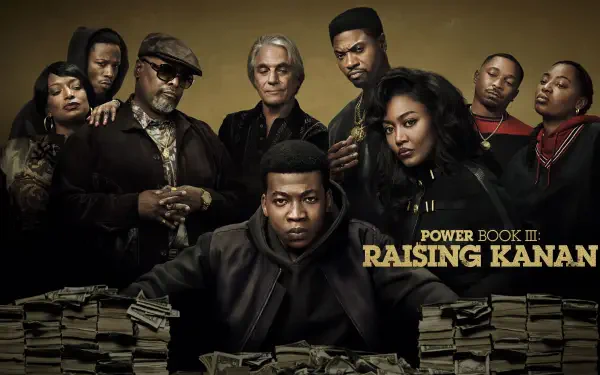 A dramatic cast from the TV show Power Book III: Raising Kanan poses together with stacks of cash, set against a gold backdrop, presented as a striking 4K Ultra HD wallpaper.