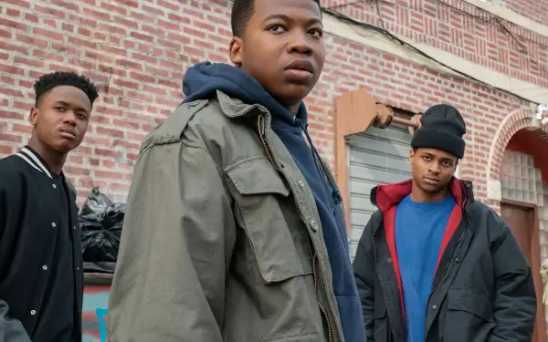 HD PC desktop wallpaper featuring three characters from the TV show Power Book III: Raising Kanan standing against a brick wall backdrop.