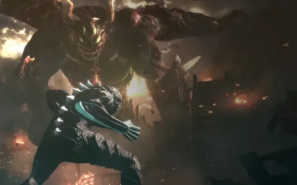 HD PC desktop wallpaper featuring a dramatic Anime scene from Kaiju No. 8, showcasing a fierce battle between a giant kaiju and a armored warrior amid a fiery, dark cityscape.
