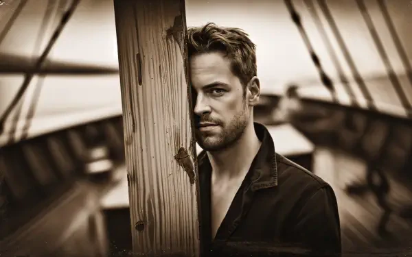 A captivating 4K Ultra HD desktop wallpaper features a man leaning against a wooden post on a ship, with a contemplative expression and a blurred background of sailing masts.