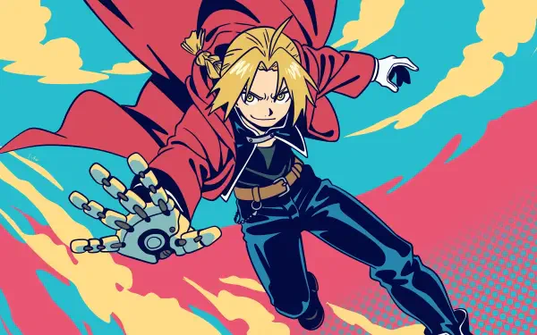 HD anime wallpaper featuring Edward Elric from Fullmetal Alchemist in dynamic action pose with vibrant red cape and mechanical arm against colorful background.