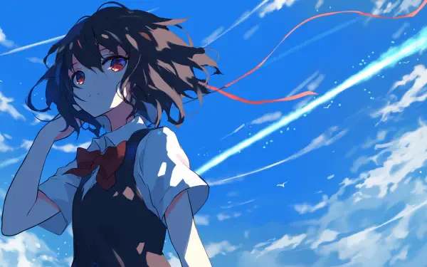 HD PC desktop wallpaper featuring Mei Misaki from the anime Another, set against a vibrant blue sky with dynamic clouds.
