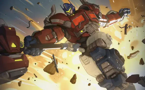 HD PC desktop wallpaper featuring a dynamic battle scene from the video game Overwatch with a large armored mech breaking through debris.
