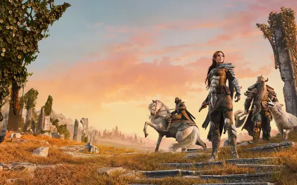 4K Ultra HD desktop wallpaper featuring characters and horses from the RPG video game The Elder Scrolls Online set against a vast, scenic landscape at sunset.