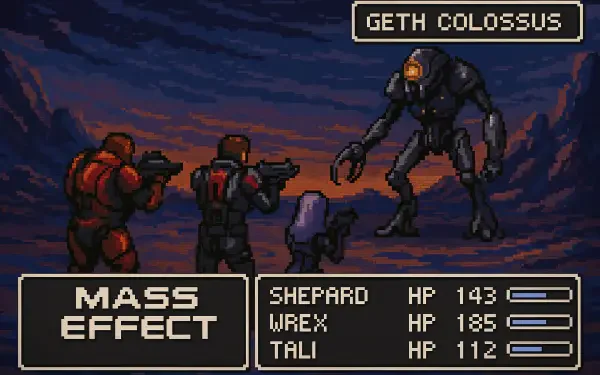 Pixel art style Mass Effect 4K Ultra HD wallpaper depicting a battle between Shepard, Wrex, and Tali against a Geth Colossus.