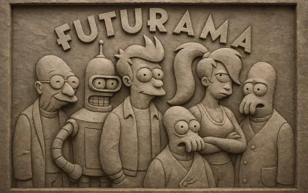 Futurama TV show characters sculpted in a stone relief style, featured as a 4K Ultra HD PC desktop wallpaper and background.