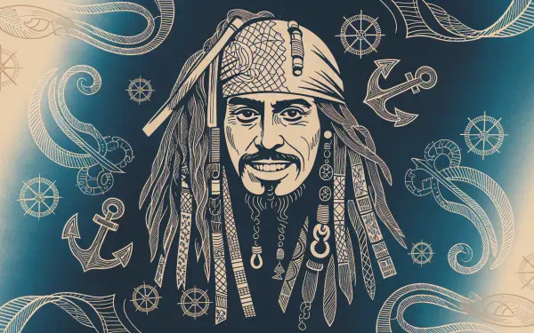 4K Ultra HD Pirates of the Caribbean desktop wallpaper featuring a detailed sketch of a pirate with nautical elements like anchors, tentacles, and ship wheels in the background.