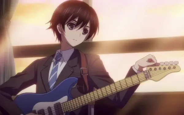 HD anime desktop wallpaper from White Album 2 featuring a young character playing an electric guitar in a softly lit room.