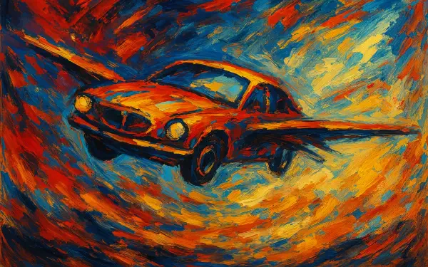 Vibrant 4K Ultra HD desktop wallpaper depicting a flying car soaring through a dynamic, colorful sky with bold, expressive brushstrokes.