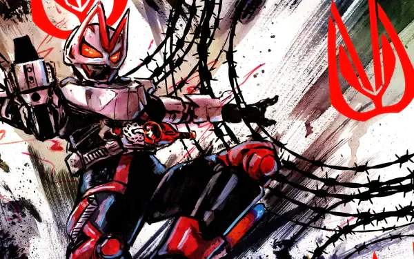 HD PC desktop wallpaper featuring dynamic anime-style artwork of Kamen Rider Geats in action with bold red and black accents and barbed wire elements.