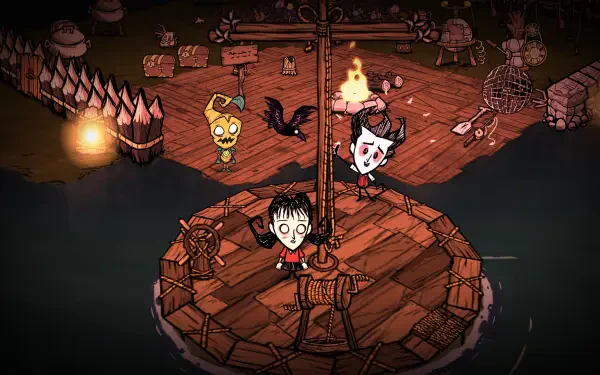 HD desktop wallpaper from the video game Don't Starve Together, featuring characters on a raft surrounded by dark waters and eerie lighting.
