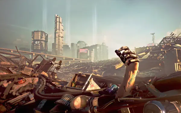 HD PC desktop wallpaper from Cyberpunk 2077 featuring a robotic arm emerging from a pile of trash against a futuristic cityscape backdrop.