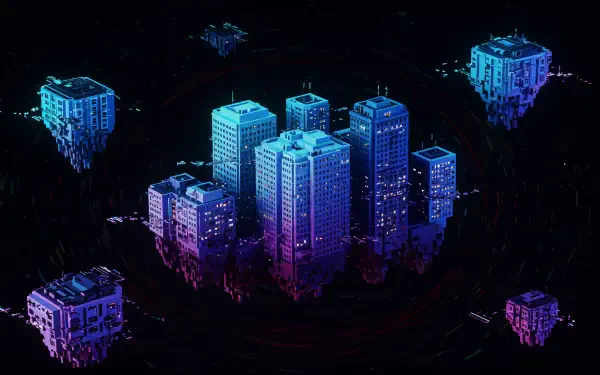 4K Ultra HD PC desktop wallpaper of futuristic floating buildings glowing with blue and purple neon lights against a dark background.