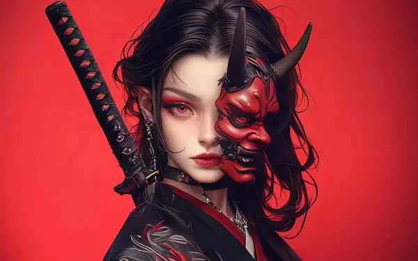 Anime girl samurai with a katana, featuring striking red makeup and a half-demon mask against a vibrant red background. 4K Ultra HD PC wallpaper.