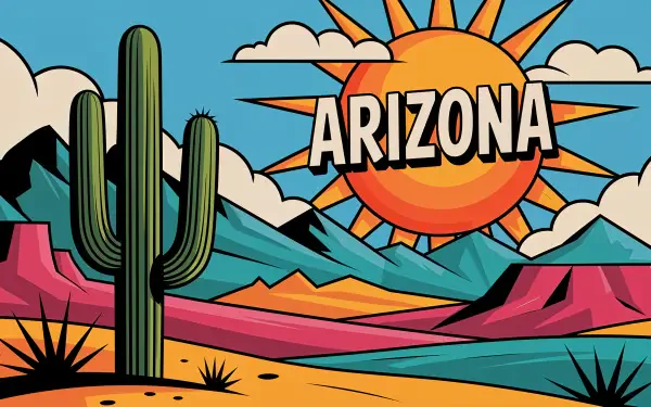 Vibrant 4K Ultra HD desktop wallpaper featuring a stylized Arizona desert scene with towering cactus, colorful mountains, and a bright sun with Arizona text.