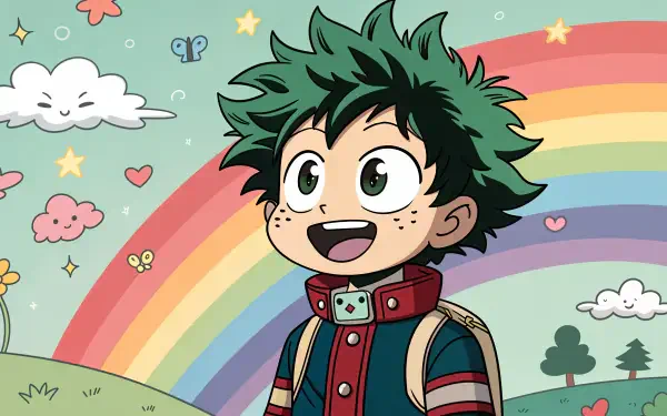 A vibrant 4K Ultra HD PC desktop wallpaper featuring a cheerful anime character with green hair standing before a colorful rainbow and whimsical sky.