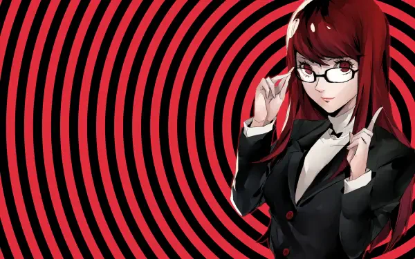 HD desktop wallpaper featuring Kasumi Yoshizawa from Persona 5 Royal, set against a striking red and black concentric circle background in anime style.