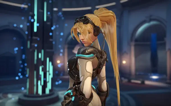 4K Ultra HD PC wallpaper featuring Widowmaker from Overwatch, showcasing her in a detailed futuristic setting with a focused expression.