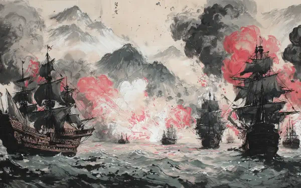 HD desktop wallpaper depicting an ink painting of a pirate ship crusade with dramatic explosions over turbulent seas.