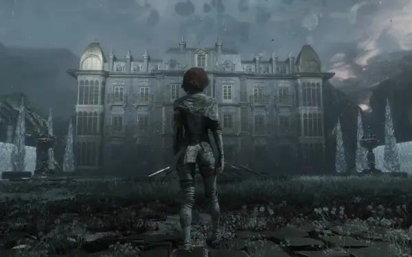 HD PC desktop wallpaper from the video game Clair Obscur: Expedition 33, featuring a character standing before a large, eerie mansion under a stormy sky.