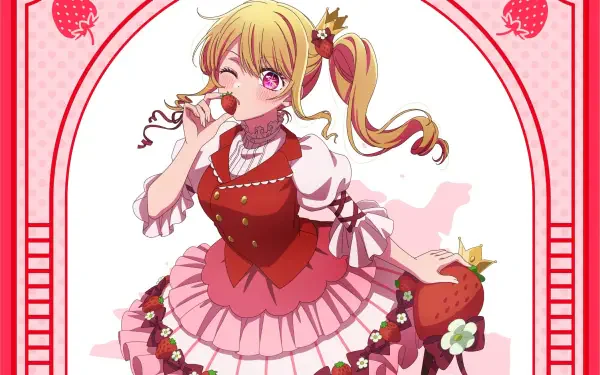 Anime HD PC desktop wallpaper of Ruby Hoshino from Oshi no Ko, winking in a pink frilly dress with twin tails, holding a strawberry-themed accessory against a decorative pink frame background.