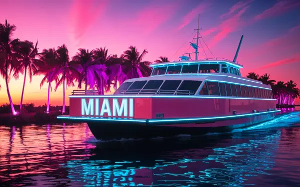 4K Ultra HD desktop wallpaper of a vibrant ferry illuminated with MIAMI cruising past palm trees under a pink and purple sunset sky.