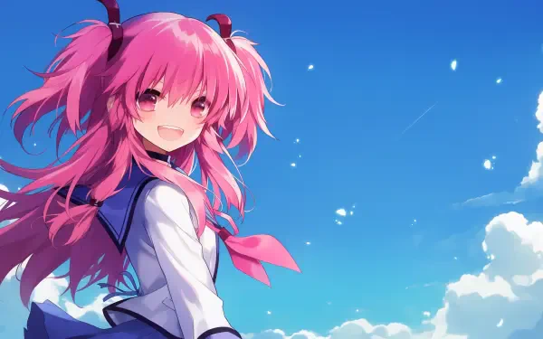 HD anime desktop wallpaper featuring Yui from Angel Beats! with vibrant pink hair against a bright blue sky and fluffy white clouds.