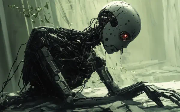 A detailed 4K Ultra HD sci-fi wallpaper showing a dark, skeletal robot with glowing red eyes in a misty, industrial environment.