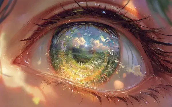 Close-up of an anime eye with vibrant reflections of a cityscape and sky, rendered in HD for a striking PC desktop wallpaper and background.