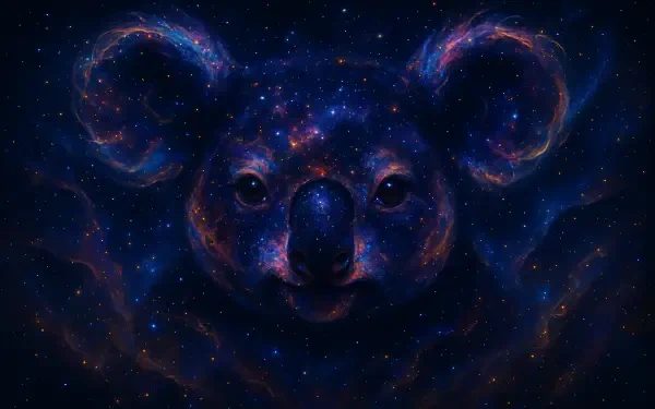 A cosmic koala face formed by vibrant nebulae and stars set against a dark space background, rendered in stunning 4K Ultra HD for a PC desktop wallpaper.