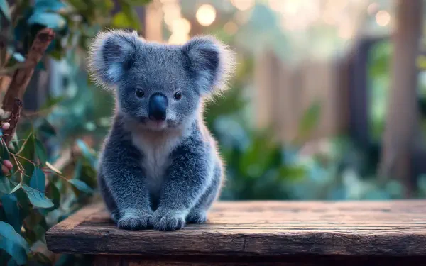 Close-up of a koala sitting on a wooden surface surrounded by greenery, captured in vibrant 4K Ultra HD quality for PC desktop wallpaper and background.