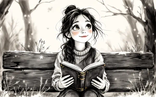 A charming 4K Ultra HD PC desktop wallpaper of a young girl with a braid, sitting on a bench outdoors while reading a book, capturing a warm sisterly moment.