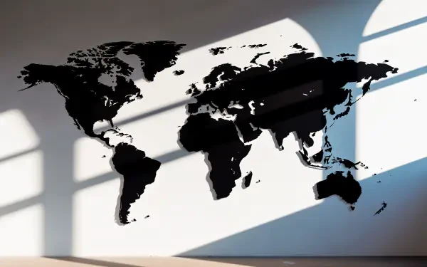 4K Ultra HD world map projection cast as a shadow on a wall with window light patterns, creating a minimalist and modern PC desktop wallpaper background.