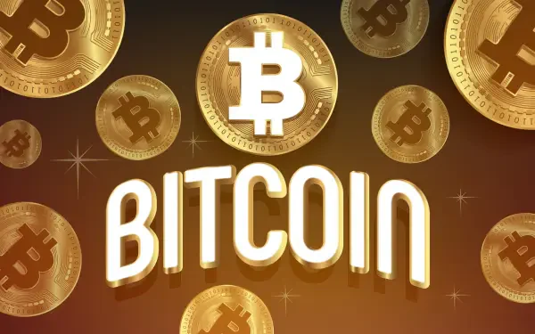 HD PC desktop wallpaper featuring multiple gold Bitcoin coins and the word BITCOIN prominently displayed, representing cryptocurrency.