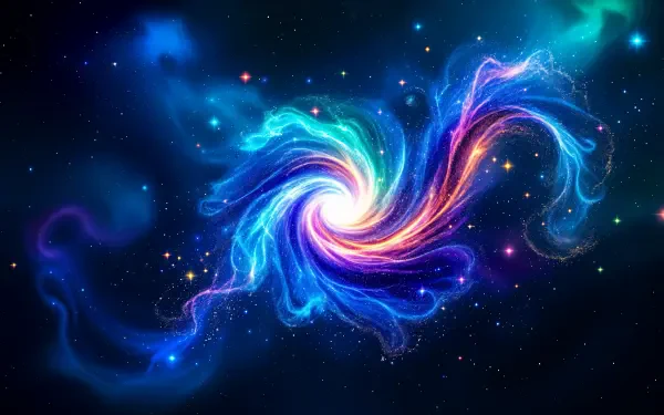 A vibrant 4K Ultra HD PC desktop wallpaper showcasing a swirling galaxy of neon blues, purples, and pinks against a star-filled cosmic background.