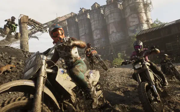 4K Ultra HD Grand Theft Auto VI wallpaper featuring intense motocross riders racing through a rugged, industrial terrain in high-detail PC game graphics.