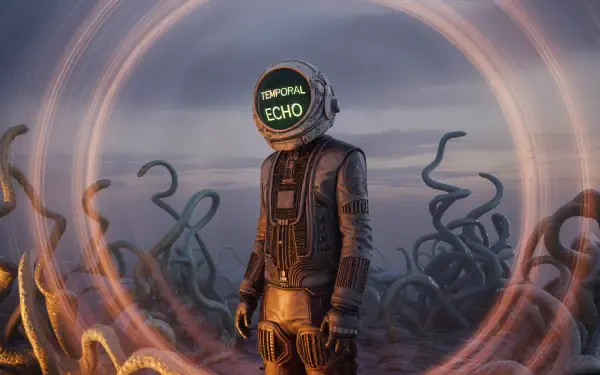 4K Ultra HD PC desktop wallpaper depicting a time traveler in a futuristic suit with Temporal Echo on the helmet, standing amidst swirling energy and dark tentacles.