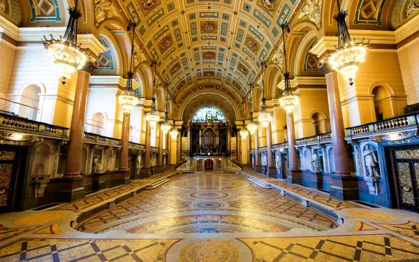 Interior view of Liverpool's St George's Hall showcasing its grand architectural details, captured in 4K Ultra HD.