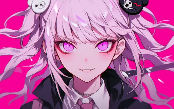HD anime desktop wallpaper featuring Junko Enoshima from Danganronpa with striking pink eyes and twin-tails against a vibrant pink background.