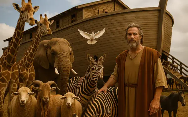 4K Ultra HD PC desktop wallpaper of Noah’s Ark featuring Noah standing among paired animals including giraffes, elephants, zebras, and sheep, with a white dove flying above.