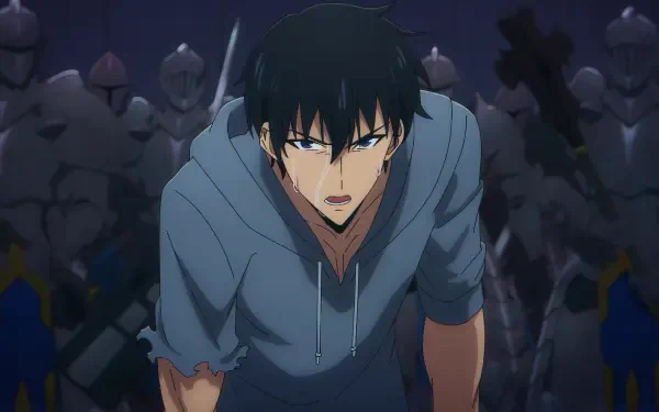 HD anime desktop wallpaper featuring Sung Jin-Woo from Solo Leveling, depicted with intense blue eyes and dark hair against a backdrop of armored figures.