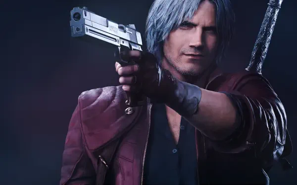 HD PC desktop wallpaper featuring Dante from Devil May Cry 5, a popular gaming character from the Devil May Cry video game series, poised with a handgun.