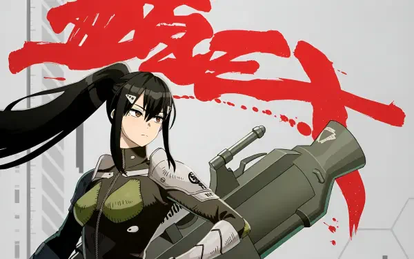 HD PC desktop wallpaper of Mina Ashiro from the anime Kaiju No. 8: stoic, armored heroine with long black ponytail wielding a heavy weapon against a red paint-splatter backdrop.