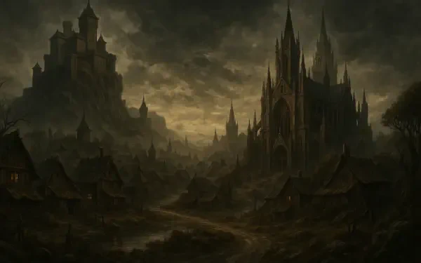 A dark fantasy medieval village shrouded in shadows, featuring towering gothic castles under an ominous, cloudy sky in HD detail.