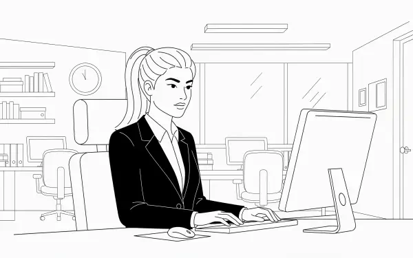 Line art of a woman in corporate attire working at a desktop computer in a modern office, designed as a 4K Ultra HD PC desktop wallpaper background.