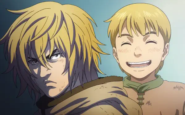 HD Anime wallpaper featuring Thorfinn from Vinland Saga, showcasing his serious and smiling expressions side by side.
